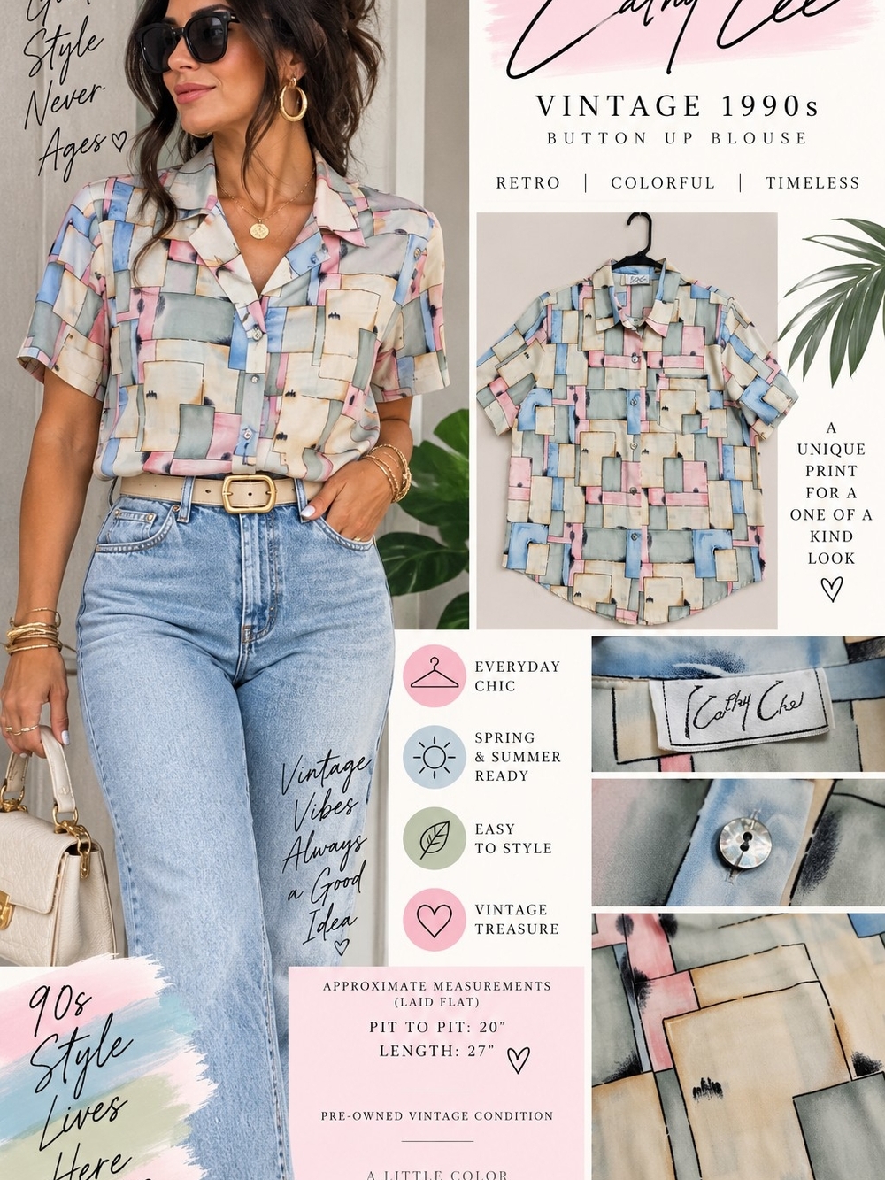 Vintage 90s Cathy Lee Pastel Geometric Abstract Button Up Blouse Shirt